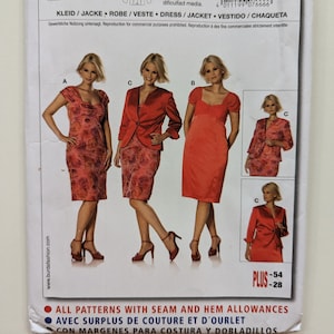 May include: Burda sewing pattern number 7666 for a dress, jacket, or robe. The pattern includes sizes 18 to 28 and 44 to 54. The pattern is for a dress, jacket, or robe with a square neckline and short sleeves. The pattern is shown on three models wearing the different styles.