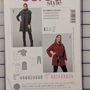 May include: A Burda Style 7003 sewing pattern envelope featuring illustrations and photographs of garments labeled A, B, and C. The front displays a maroon tunic with a belt, a dark gray long vest, and technical line drawings of the clothing pieces.