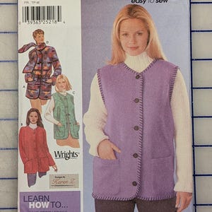 May include: A Simplicity 9883 sewing pattern envelope for a vest with whip stitch edges. The cover features illustrations of four vest variations in purple, red, green, and a patterned fabric, with text including 'easy to sew' and 'LEARN HOW TO... WHIP STITCH EDGES'.