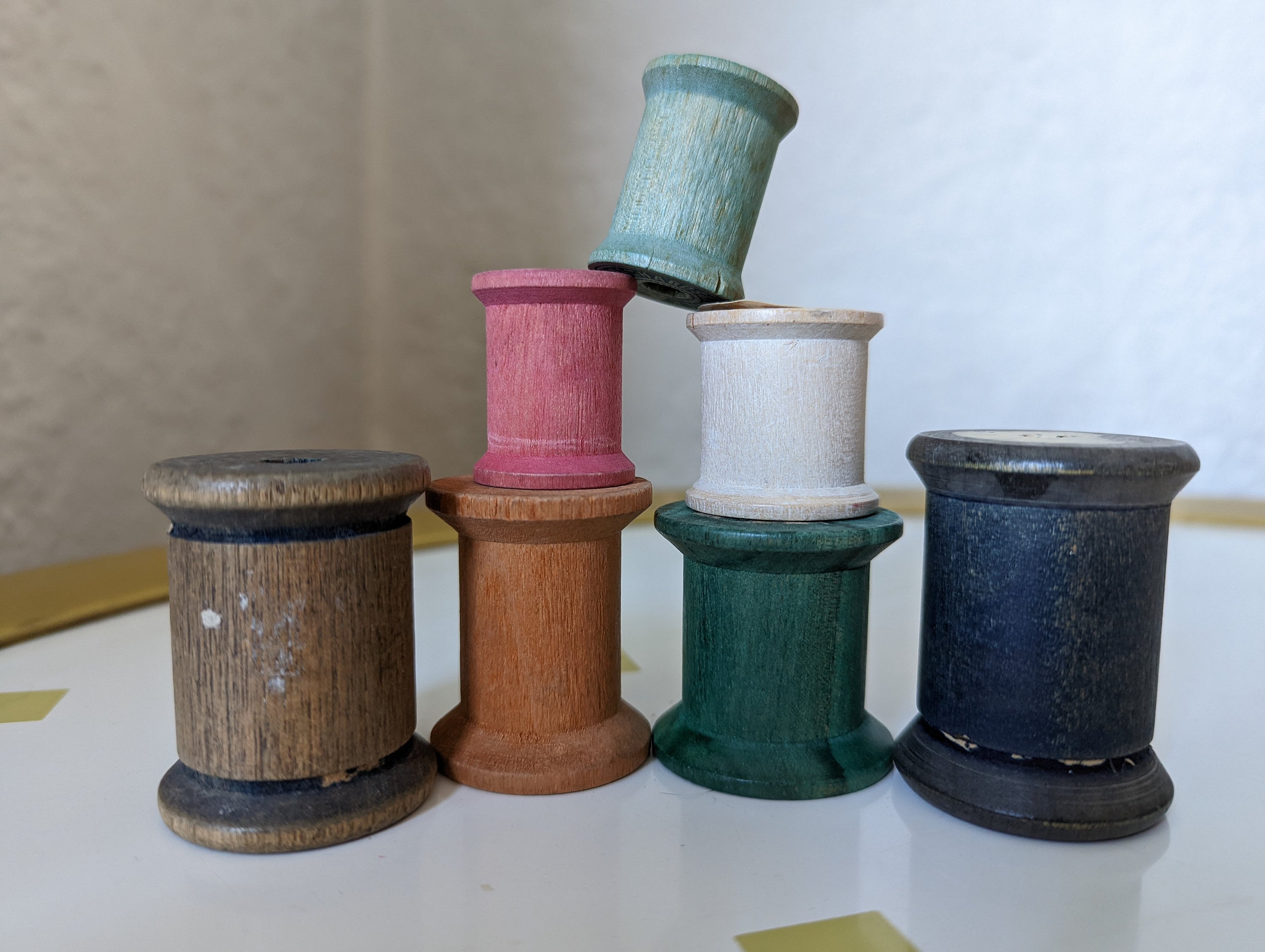 Lot of 7 Vintage Empty Colored Wood Wooden Sewing Thread Spools, With ...