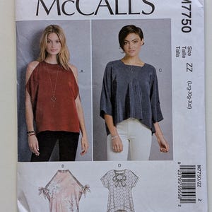 Sz XS-M/L-XXL McCalls Plus Size Loose Fitting Pullover Top Blouse Sleeve/Hem Variations Womens Sewing Pattern, M7750 7750