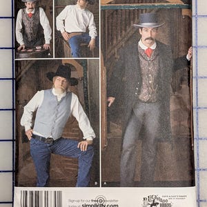 May include: Simplicity pattern 2395 features a Western-themed design. The package shows multiple images of a man in a black hat, vest, and long coat. The pattern includes sizes 46, 48, 50, and 52. The text "Simplicity" is visible.