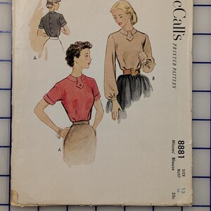 Sz 12/Bust 30" McCalls Vintage 1952 1950s Back Closure Blouse Womens Sewing Pattern, 8881