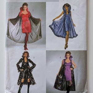 May include: A Butterick B4633 sewing pattern envelope featuring four illustrations of sleeveless dresses paired with various long capes and coats. The designs include a red dress with a black cape, a blue dress with a hooded cape, a black dress with a patterned coat, and a purple dress with a dark patterned cape.
