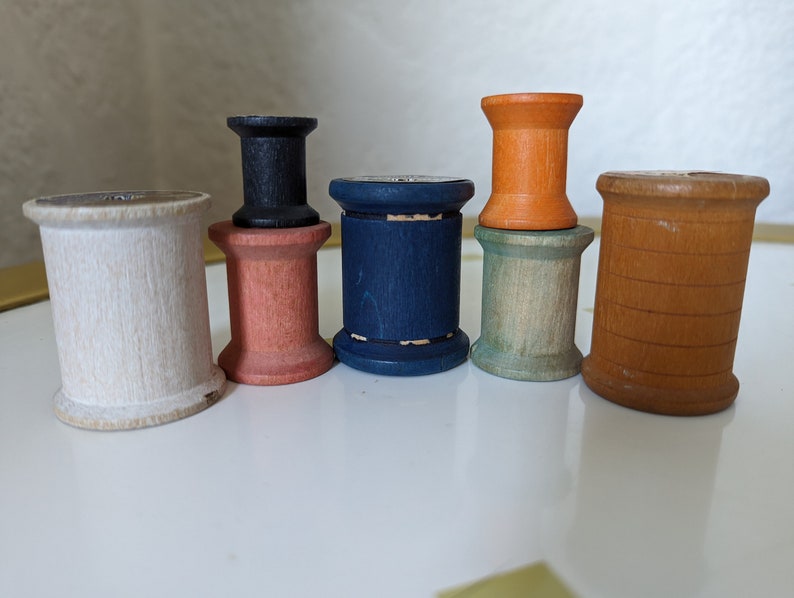 Lot of 7 Vintage Empty Colored Wood Wooden Sewing Thread Spools, With ...