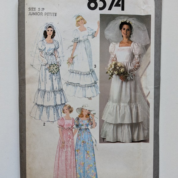 Bust 31"/Sz 5JP Simplicity Vintage Retro 1977 Square Neck Wedding Bridal Bridesmaid 1970s Dress Gown Sewing Pattern 8374