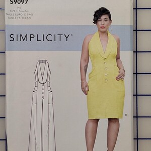 May include: Simplicity sewing pattern S9097 featuring a yellow halter dress with a notched collar and button details. The pattern includes sizes U.S. 6-14. The Mimi G Style pattern is displayed with a photo of a woman wearing the dress.