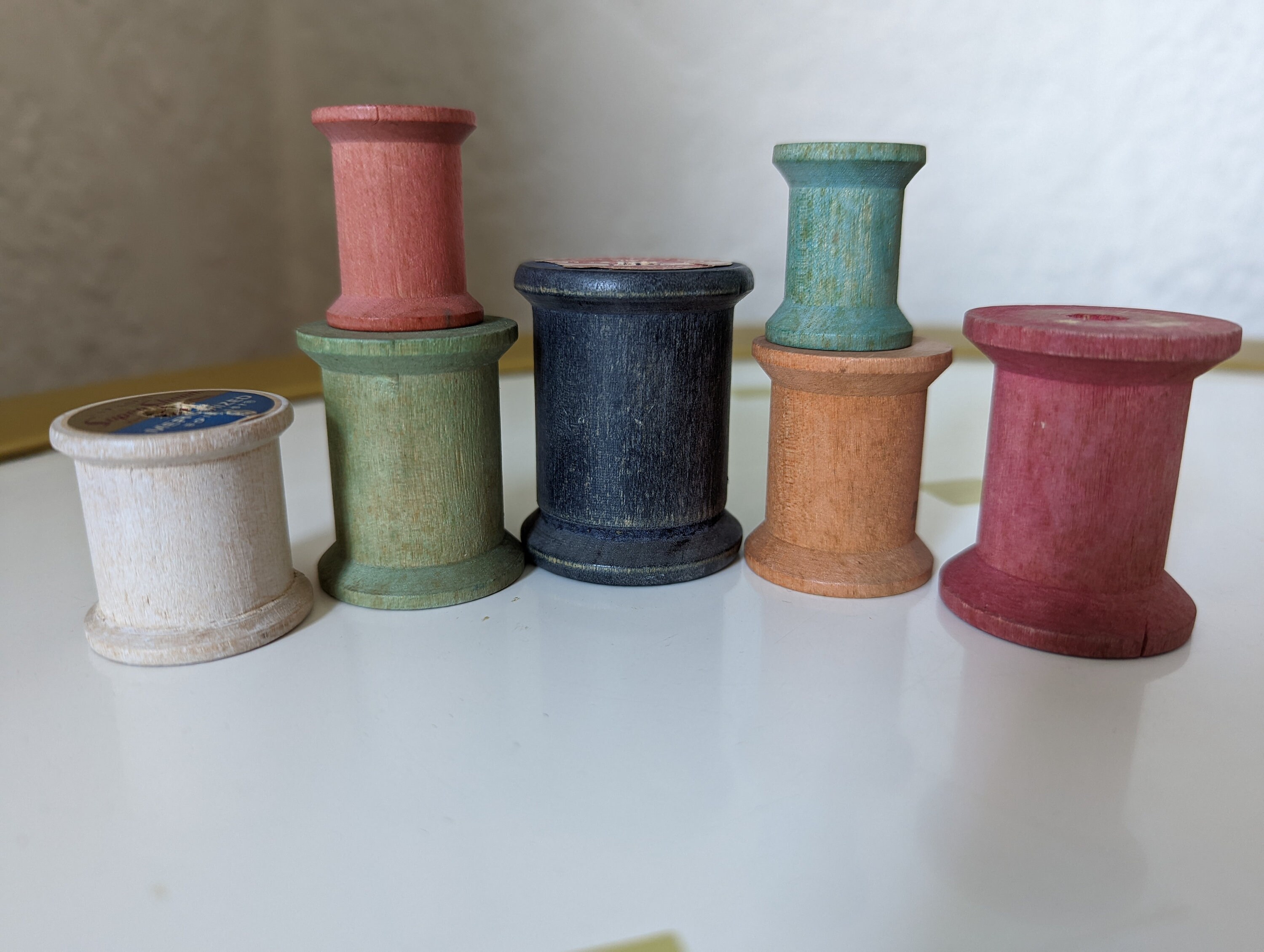 Lot of 7 Vintage Empty Colored Wood Wooden Sewing Thread Spools, With ...