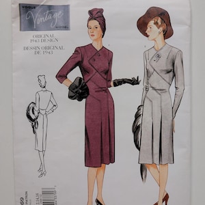 Sz 6-10/12-16 UNCUT Vogue 1940s 1943 Plus Size Reprint Knee Length Dress Womens Sewing Pattern, 2569