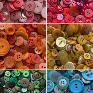 May include: A collection of assorted plastic and resin buttons in various shades of pink, red, orange, yellow, green, and blue, featuring different sizes, shapes, and hole counts, organized by color in a six-panel grid layout.