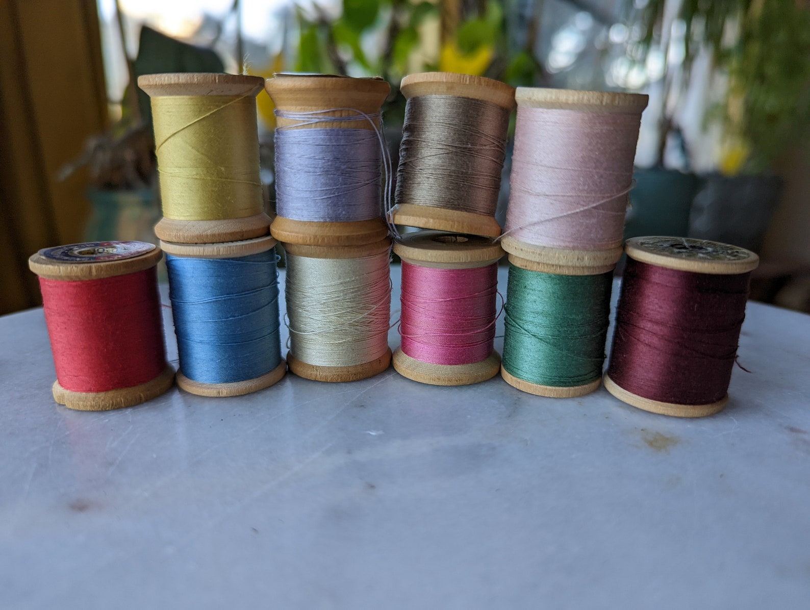 Lot of 10 Vintage Wood Wooden Sewing Spools With Thread, Small 1 1/4