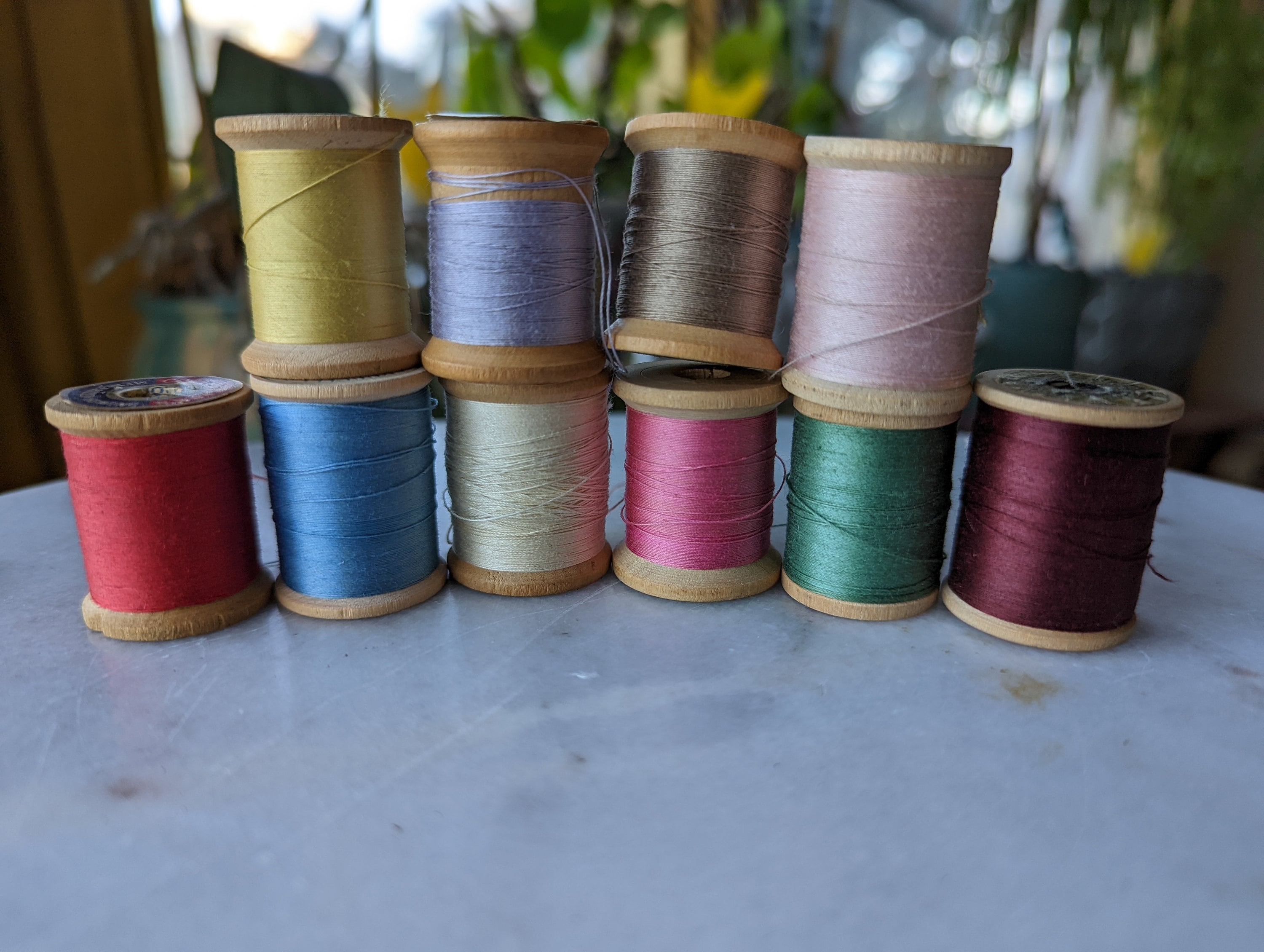 Lot of 10 Vintage Wood Wooden Sewing Thread Spools with Thread, Small 1 1/4"H, With/Without Labels, 12 Color Options, Custom Colors