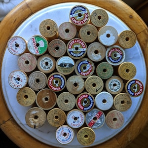 Lot of 6 Vintage Empty Wood Wooden Thread Sewing Spools, Large 1 3/4&quot;H, With/Without Labels, Various Styles and Shapes