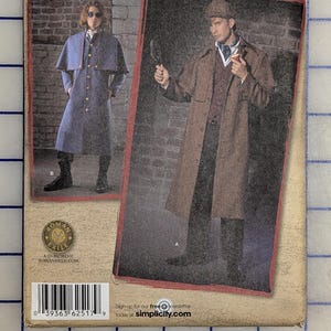 May include: Simplicity sewing pattern featuring two men's coat designs. One is a long blue coat with a cape, and the other is a brown tweed coat. The pattern includes sizes 46, 48, 50, and 52.