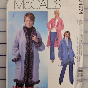 May include: McCall's Womanstyle sewing pattern M4674. The pattern features illustrations of fleece coats and jackets in shades of lavender, pink, and blue. The pattern includes sizing information for women.