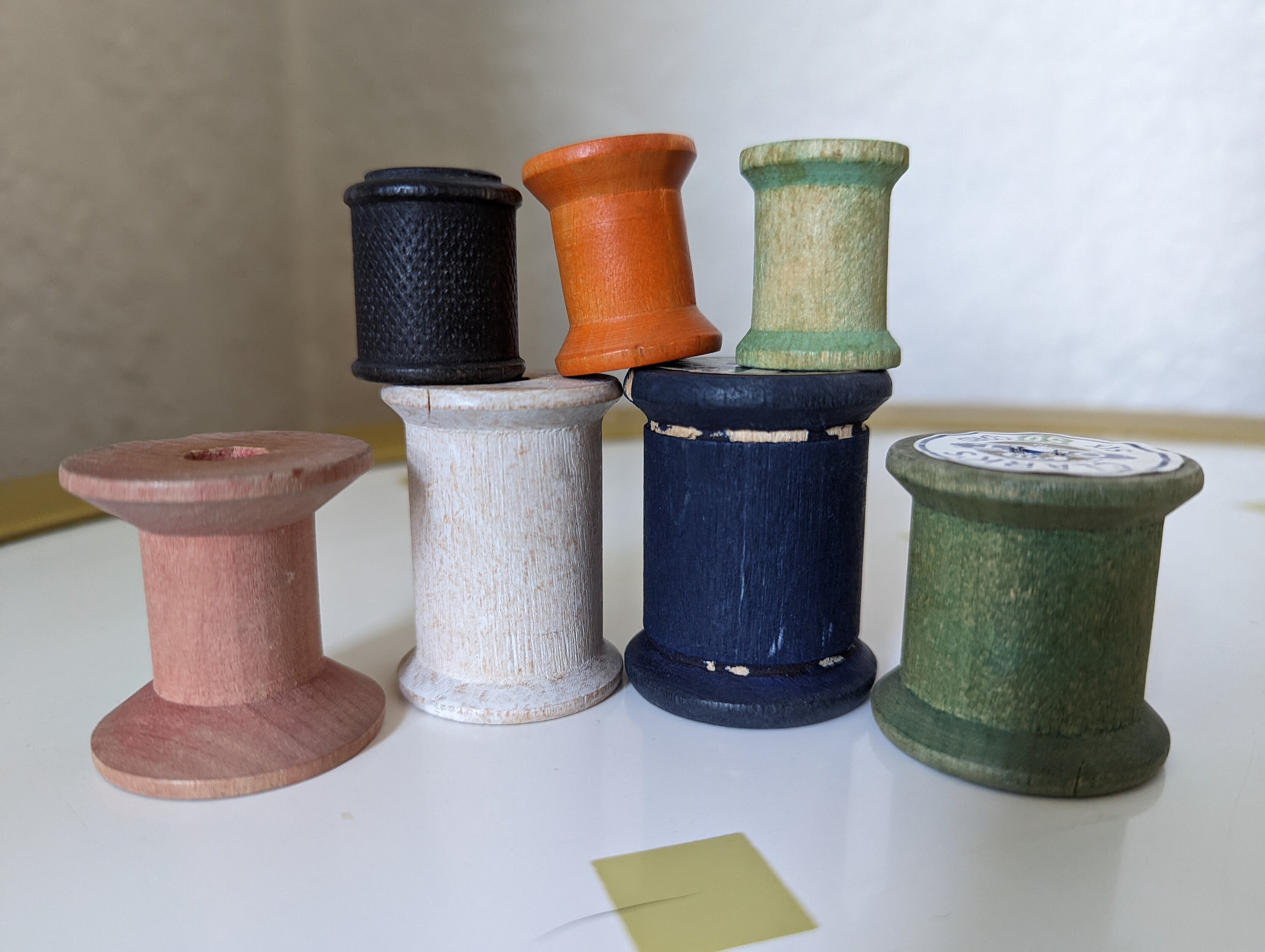 Lot of 7 Vintage Empty Colored Wood Wooden Sewing Thread Spools, With ...