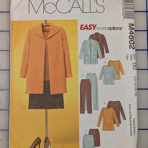 May include: A McCall's M4602 sewing pattern envelope for sizes DD (12-14-16-18). The front displays an orange jacket, a brown top, and a dark skirt. Illustrations show variations of jackets, tops, pants, and skirts in blue, brown, and orange colors.