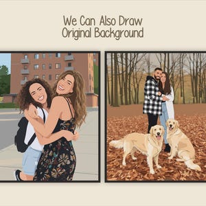 May include: Two framed illustrations. One shows two women hugging, the other a couple with two dogs. The text at the top says "We Can Also Draw Original Background". The illustrations are in a cartoon style.