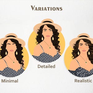 Op de afbeelding: Drie digitale illustraties van een vrouw in een strohoed en polkadotjurk, gepresenteerd in drie stijlen: minimaal, gedetailleerd en realistisch. Elk portret staat tegen een gele cirkel, met het woord "Variations" bovenaan.