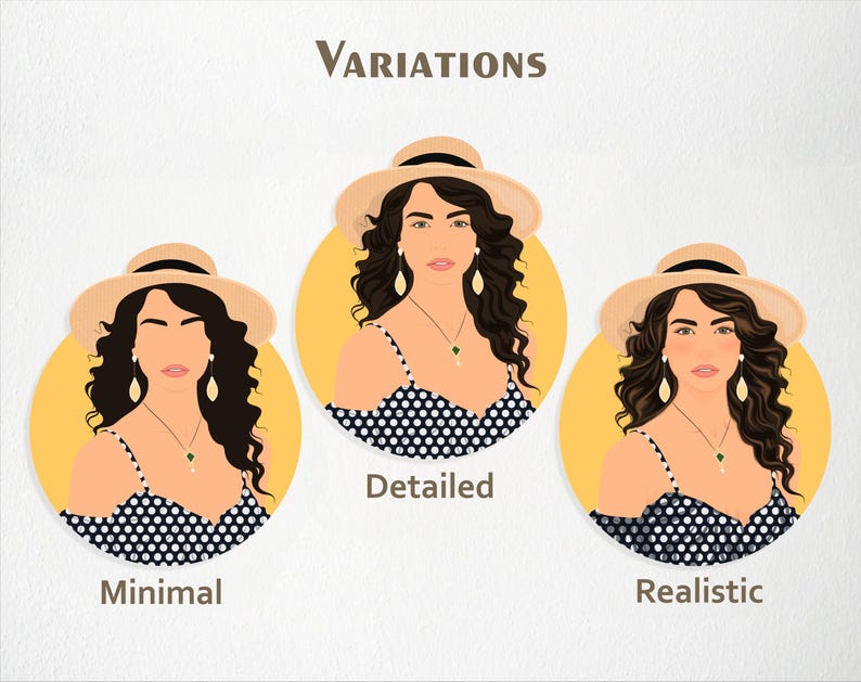 Op de afbeelding: Drie digitale illustraties van een vrouw in een strohoed en polkadotjurk, gepresenteerd in drie stijlen: minimaal, gedetailleerd en realistisch. Elk portret staat tegen een gele cirkel, met het woord "Variations" bovenaan.