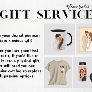 Op de afbeelding: Promotieafbeelding voor een cadeau service. De tekst luidt "GIFT SERVICE" en "Verander je digitale portret in een uniek cadeau!" met voorbeelden van een mok, een ingelijste print, een t-shirt en een waterfles met aangepaste portretten.