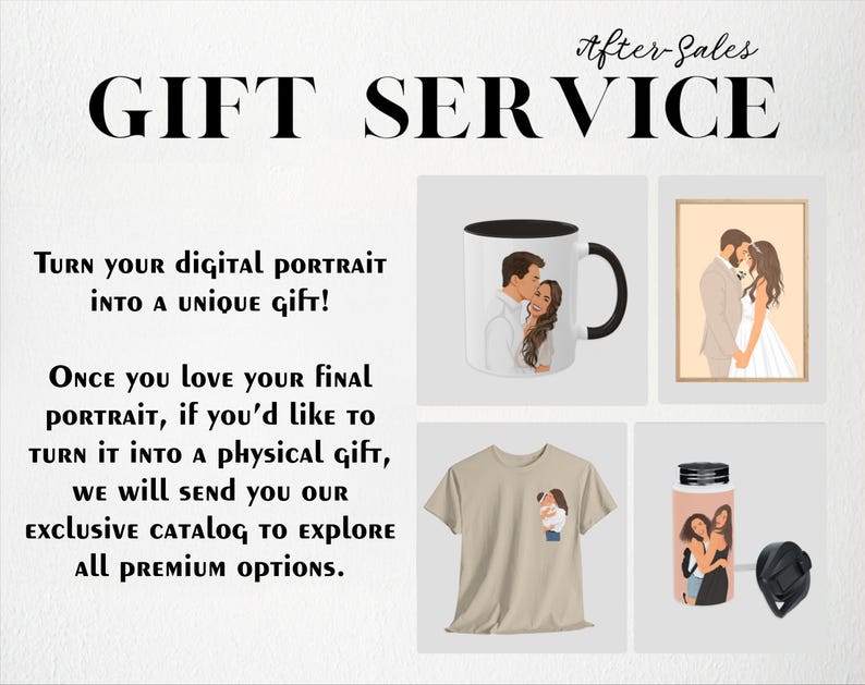 Op de afbeelding: Promotieafbeelding voor een cadeau service. De tekst luidt "GIFT SERVICE" en "Verander je digitale portret in een uniek cadeau!" met voorbeelden van een mok, een ingelijste print, een t-shirt en een waterfles met aangepaste portretten.