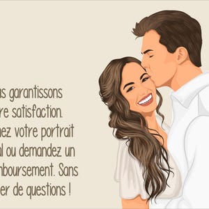 May include: A couple is embracing, the man is kissing the woman on the cheek. The text reads: "We guarantee your satisfaction. Love your final portrait or request a refund. No questions asked!"
