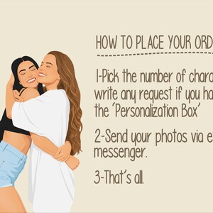 May include: Illustration of two smiling people embracing. One wears a black top and denim shorts, the other a white top. Text provides ordering instructions: "HOW TO PLACE YOUR ORDER" and steps.