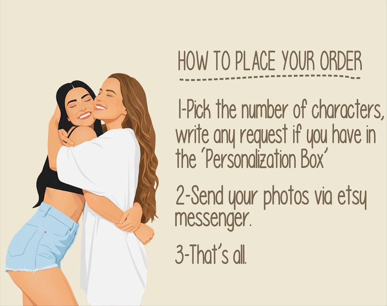 May include: Illustration of two smiling people embracing. One wears a black top and denim shorts, the other a white top. Text provides ordering instructions: "HOW TO PLACE YOUR ORDER" and steps.