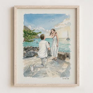 May include: Watercolor painting of a marriage proposal on a beach. A man kneels, presenting a ring to a woman in a white dress. The scene includes a turquoise sea, blue sky, and a sailboat. The date 3/16/26 is in the bottom right corner.