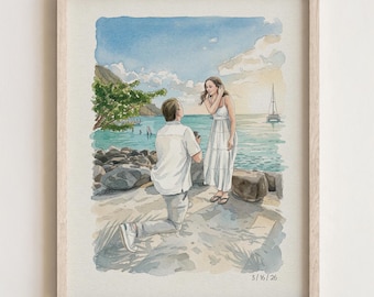 Retrato de pareja en acuarela para propuesta de matrimonio, retrato personalizado dibujado a mano a partir de una foto, regalo de compromiso para parejas, regalo de aniversario para él.