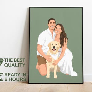 Puede incluir: Retrato digital enmarcado de una pareja con un perro golden retriever. La pareja viste camisas blancas y el perro lleva un pañuelo blanco. El fondo es de color verde liso. Texto a la izquierda: "THE BEST QUALITY" y "READY IN 6 HOURS".