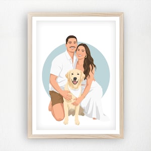 May include: A framed portrait of a couple and their dog. The couple is depicted in a cartoon style, with the man kneeling and the woman standing. The dog, a golden retriever, is in the center. The background features a light blue circle.