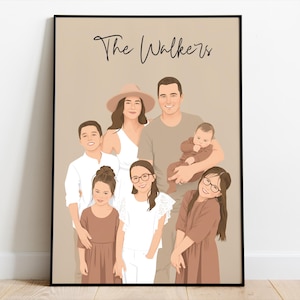 Op de afbeelding: Een ingelijst familieportret met een beige achtergrond. De illustratie toont een gezin van zeven, met de tekst "The Walkers" in cursief bovenaan. De familieleden zijn afgebeeld in verschillende tinten bruin, wit en beige.