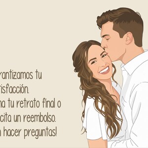 May include: Illustration of a couple, a man kissing a woman on the cheek. The woman is smiling. The image includes text in Spanish: "We guarantee your satisfaction. Love your final portrait or request a refund. No questions asked!"