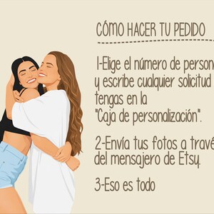 May include: Illustration of two smiling women hugging. One woman has black hair and is wearing a black top and denim shorts. The other woman has long brown hair and is wearing a white top. Text in Spanish provides instructions.