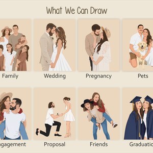 May include: An illustration with eight panels depicting various life events. The top row shows Family, Wedding, Pregnancy, and Pets. The bottom row features Engagement, Proposal, Friends, and Graduation. The text at the top reads "What We Can Draw."