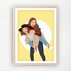 Custom Best Friends Portrait, Personalized Illustration from Photo, Funny Gift for Her, Friendship Art Print, Home Wall Decor