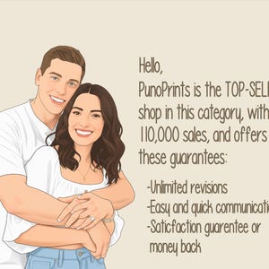 May include: Digital illustration of a smiling couple embracing. The woman wears a white top and the man a white t-shirt. Text on the background reads "Hello, PunoPrints is the TOP-SELLING shop..." with guarantees listed below.