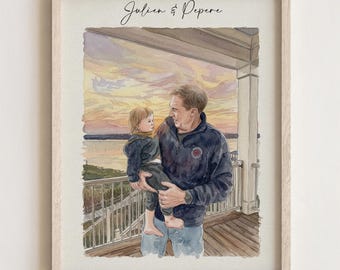 Custom Dad Daughter Son Watercolor Hand Drawn Portrait, Family Painting from Photo, Christmas Gift