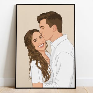 Op de afbeelding: Een ingelijste digitale illustratie van een stel. De man kust de vrouw op de wang. De vrouw heeft lang bruin haar en lacht. De man draagt een wit overhemd met knopen. De achtergrond is effen beige.