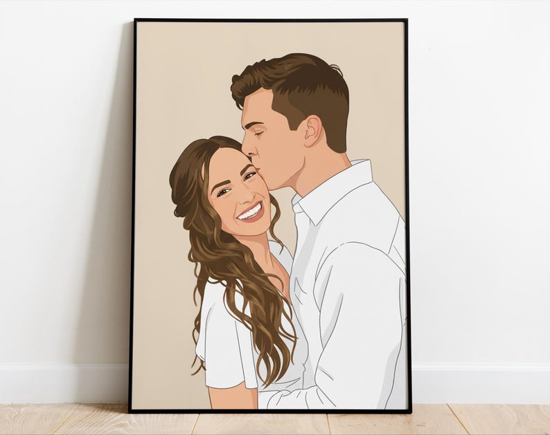 Op de afbeelding: Een ingelijste digitale illustratie van een stel. De man kust de vrouw op de wang. De vrouw heeft lang bruin haar en lacht. De man draagt een wit overhemd met knopen. De achtergrond is effen beige.