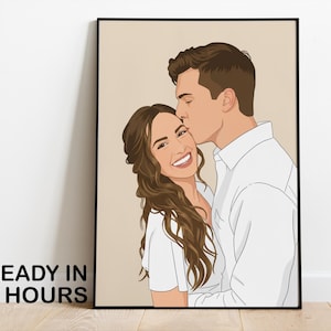 May include: A framed digital illustration of a couple in a loving embrace. The man is kissing the woman's forehead. Both are wearing white shirts. The text "READY IN 6 HOURS" is at the bottom left of the frame.