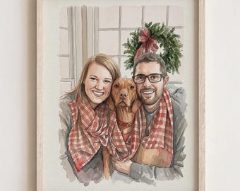 Custom Hand-Drawn Watercolor Family Portrait with Dog Personalized Couple & Pet Illustration, Christmas Gift Wall Art