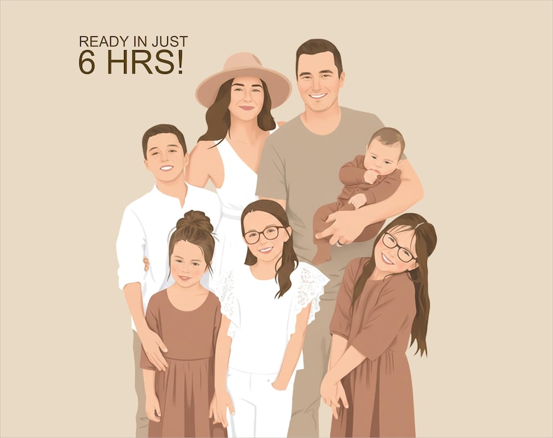 May include: Cartoon illustration of a family of seven, including parents, children, and a baby. The image uses a soft colour palette and simple lines. The text "READY IN JUST 6 HRS!" is displayed at the top of the image.