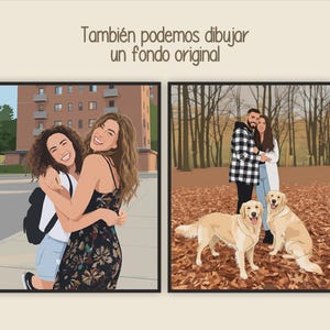 May include: Two framed illustrations. The left shows two women hugging in front of a building. The right shows a couple with two dogs in a forest. Text at the top reads "Tambi&eacute;n podemos dibujar un fondo original."