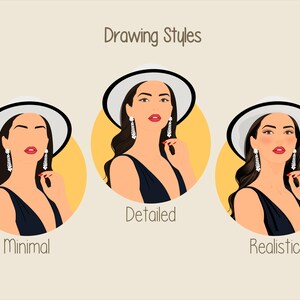 May include: An illustration demonstrating three drawing styles: Minimal, Detailed, and Realistic. Each features a woman in a white hat with a black brim, a black dress, and earrings. The text "Drawing Styles" is displayed above the images.
