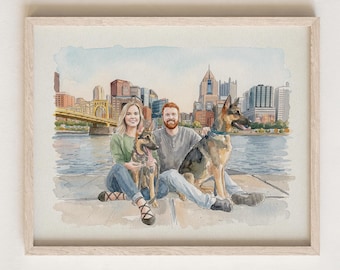 Custom Hand-Drawn Watercolor Family Portrait with Dog Personalized Couple & Pet drawing, Anniversary Gift Wall Art