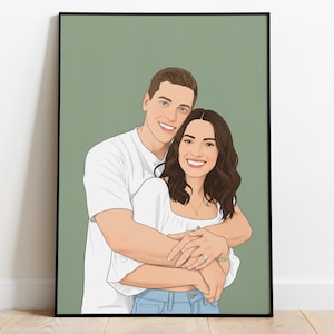Op de afbeelding: Een ingelijste digitale illustratie van een knuffelend stel, tegen een gedempte groene achtergrond. De man draagt een wit t-shirt en de vrouw een witte top en een blauwe jeans. Het kunstwerk heeft een strakke, moderne uitstraling.