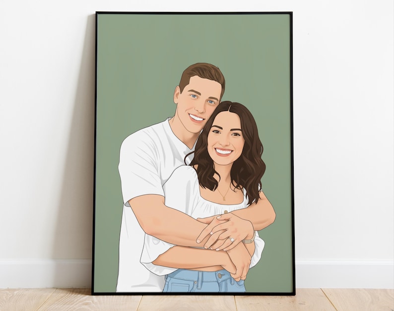 Op de afbeelding: Een ingelijste digitale illustratie van een knuffelend stel, tegen een gedempte groene achtergrond. De man draagt een wit t-shirt en de vrouw een witte top en een blauwe jeans. Het kunstwerk heeft een strakke, moderne uitstraling.